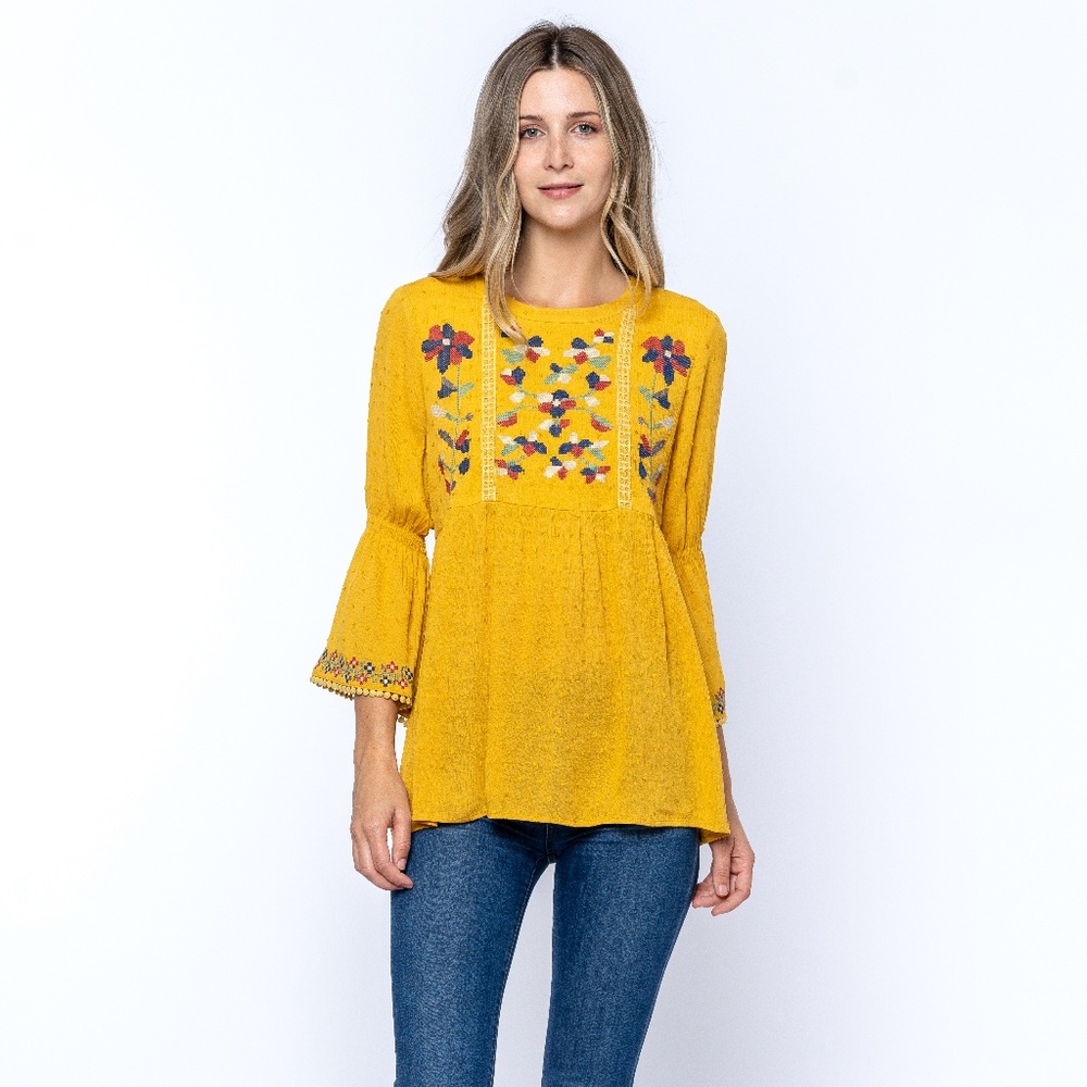 Mustard Polka Knot Embroidered Top